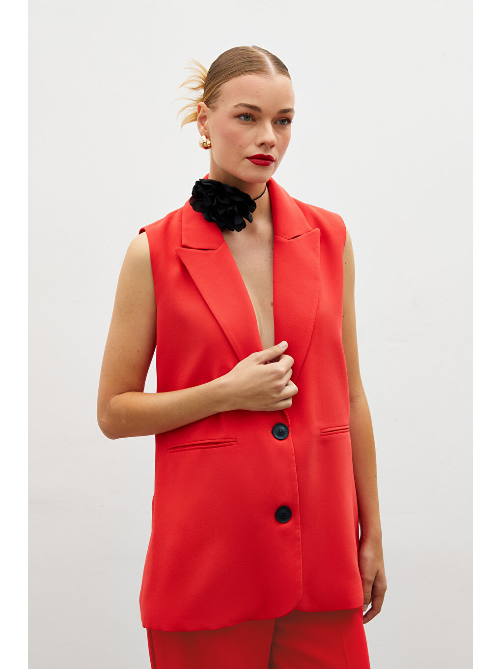 Düğme Detaylı Salaş Yelek - Mercan-4