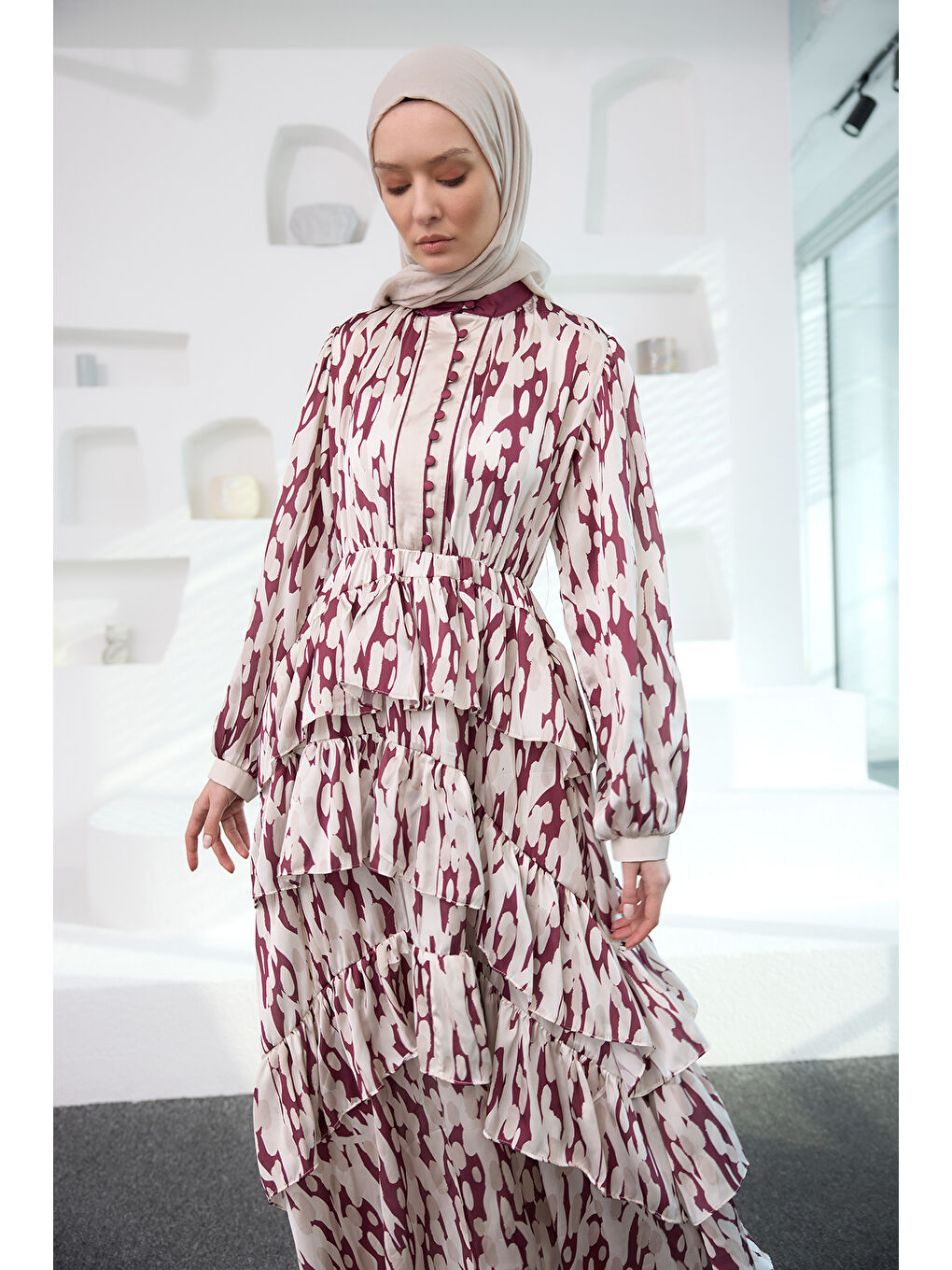 Kadın Mirami Desenli Jakar Elbise Bordo-3