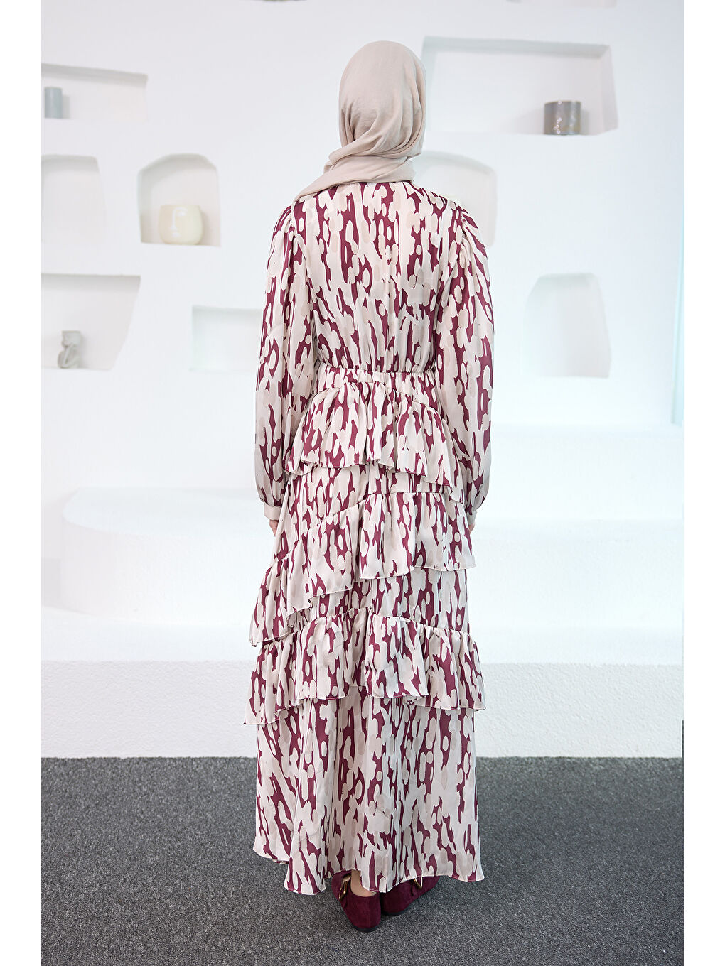 Kadın Mirami Desenli Jakar Elbise Bordo-4