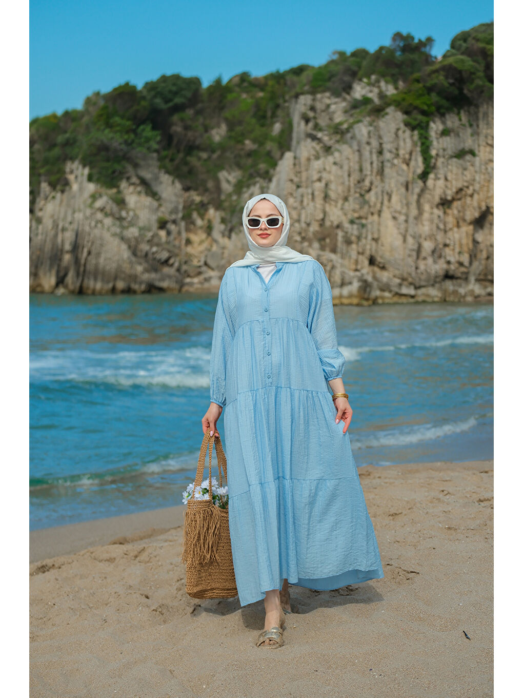 Kadın Kendinden Desenli Elbise Mavi