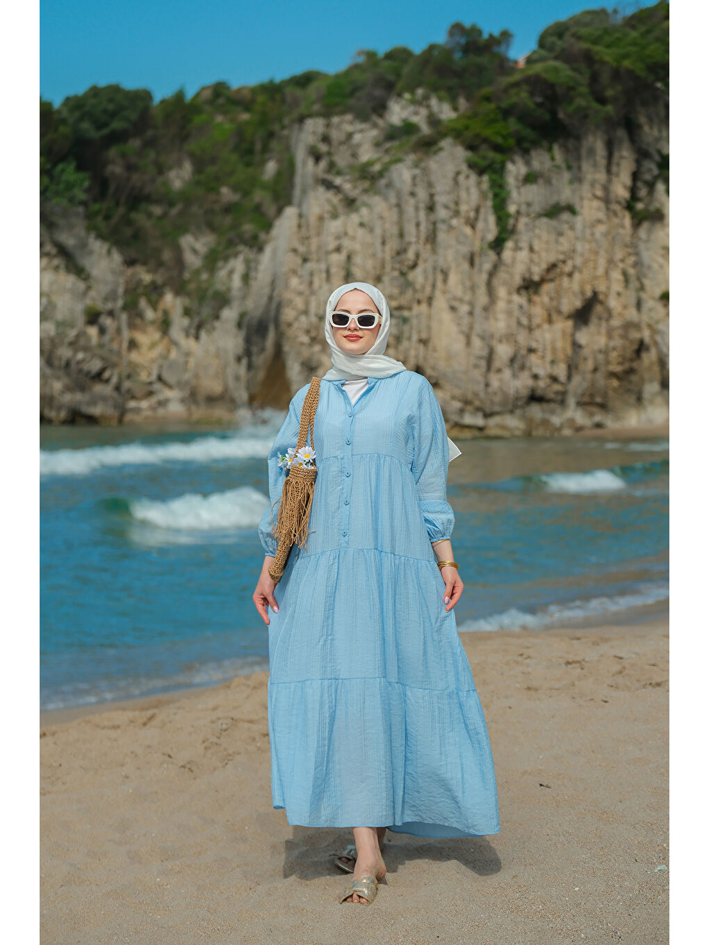 Kadın Kendinden Desenli Elbise Mavi-1