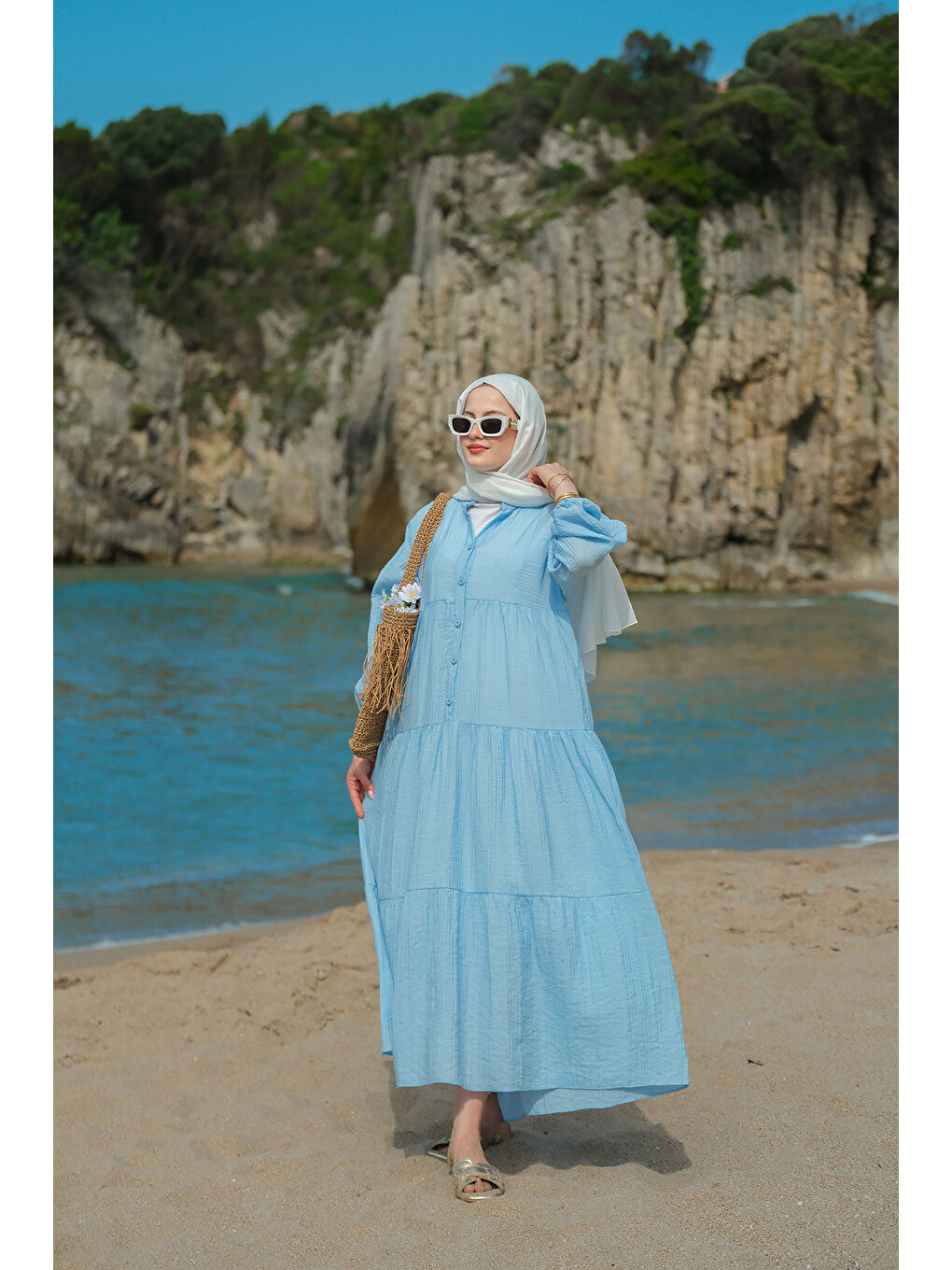 Kadın Kendinden Desenli Elbise Mavi-2