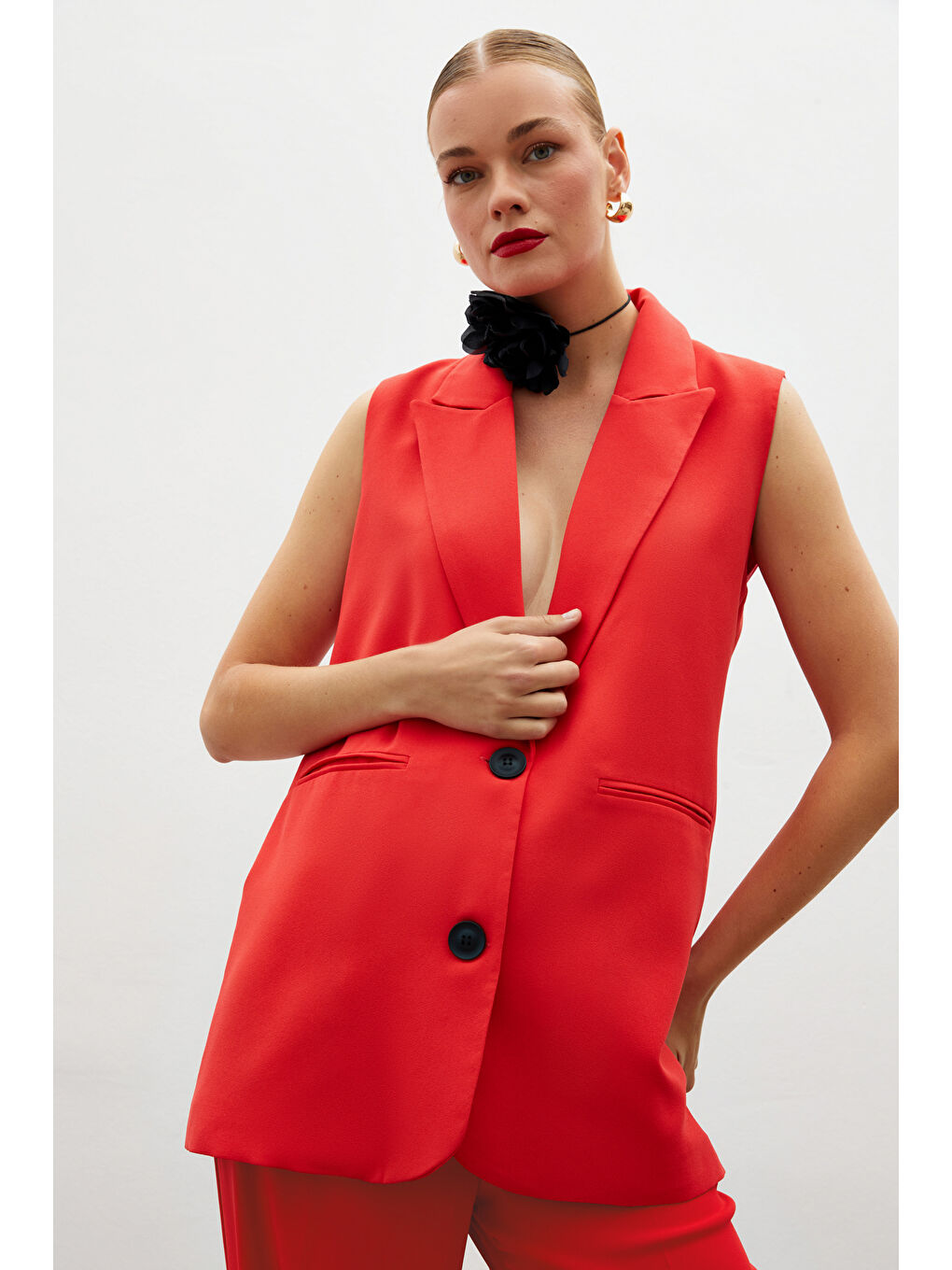 Düğme Detaylı Salaş Yelek - Mercan-5