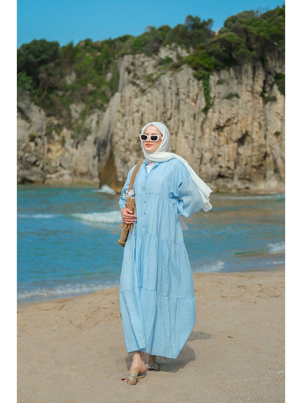 Kadın Kendinden Desenli Elbise Mavi-3