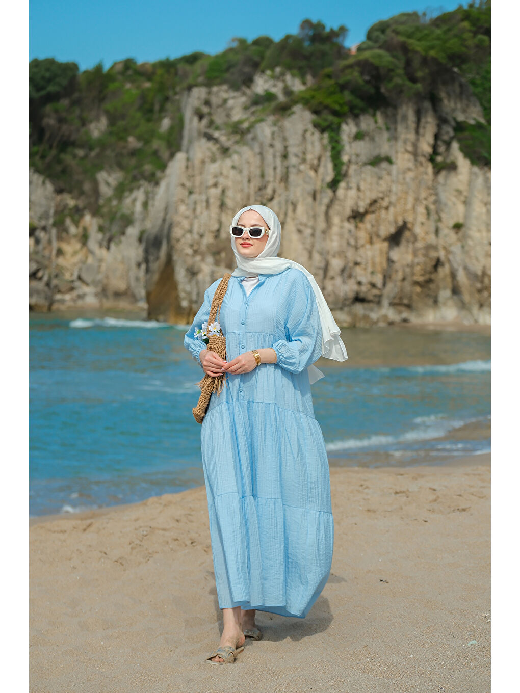 Kadın Kendinden Desenli Elbise Mavi-4