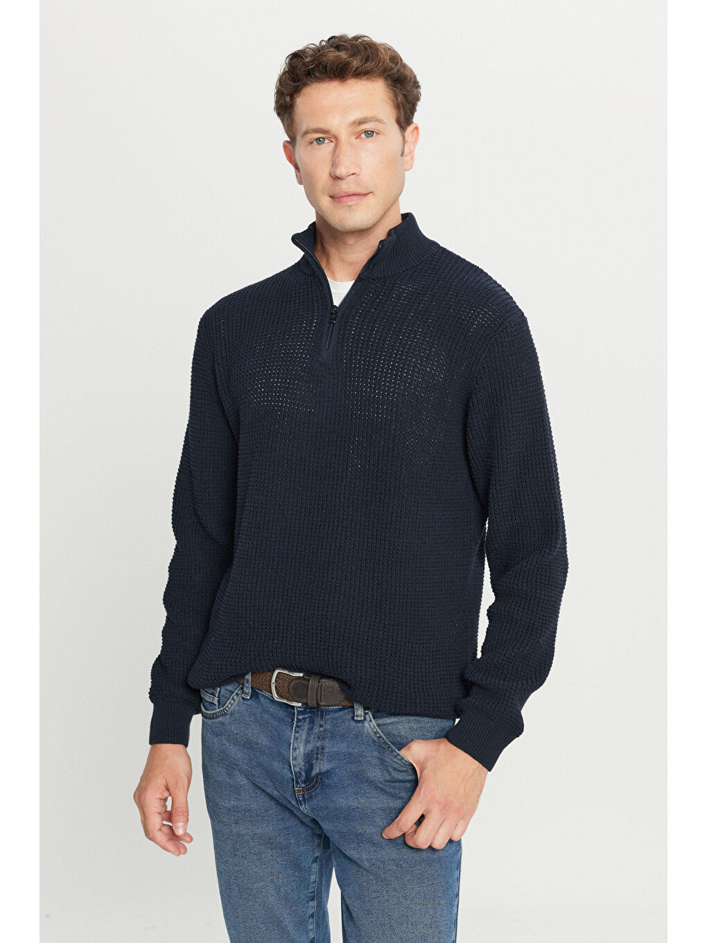 Erkek Lacivert Pamuklu Standart Fit Normal Kesim Bato Yaka Jakarlı Triko Kazak-2