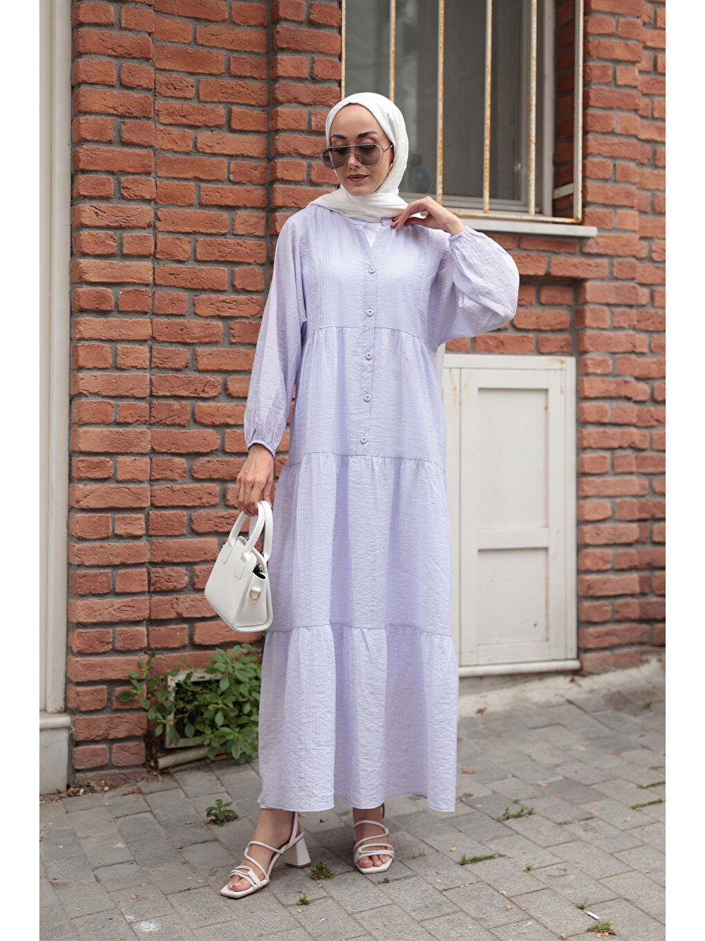 Kadın Kendinden Desenli Elbise Lila-1