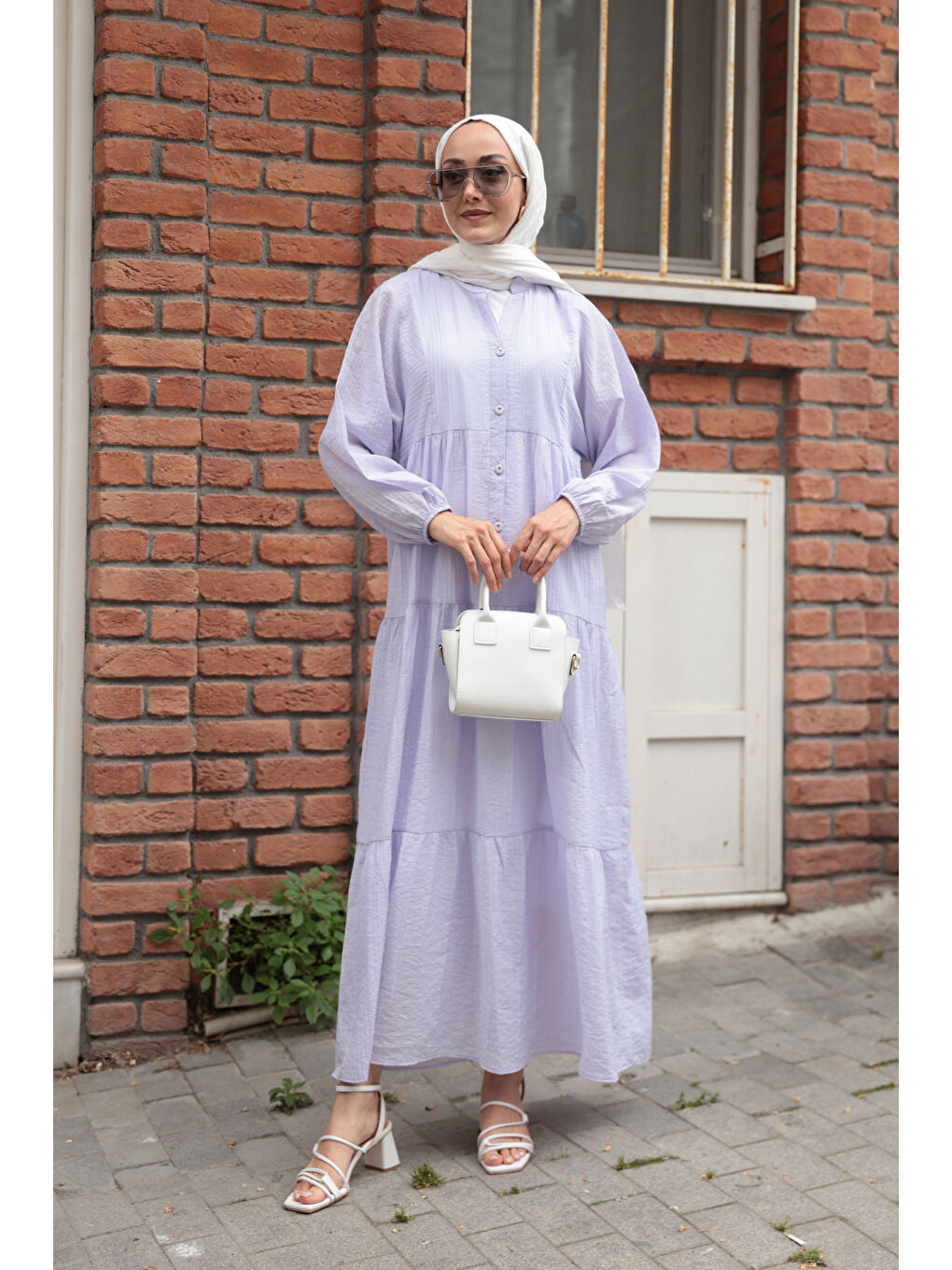 Kadın Kendinden Desenli Elbise Lila-2