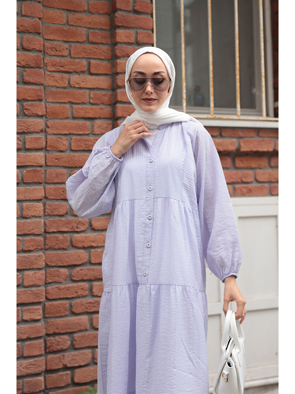 Kadın Kendinden Desenli Elbise Lila-4