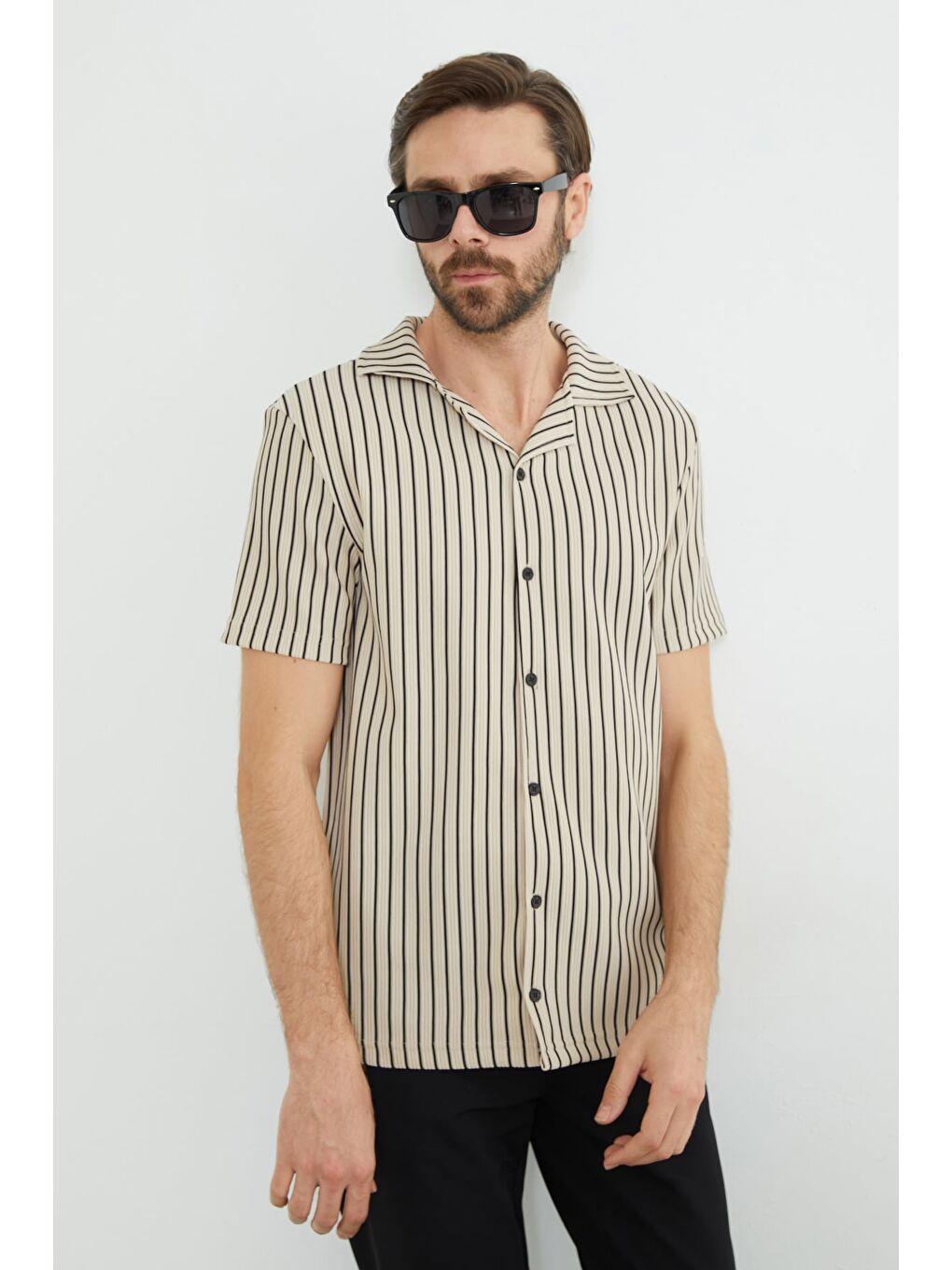 Bej Çizgili Fitilli Kısa Kollu Gömlek-4