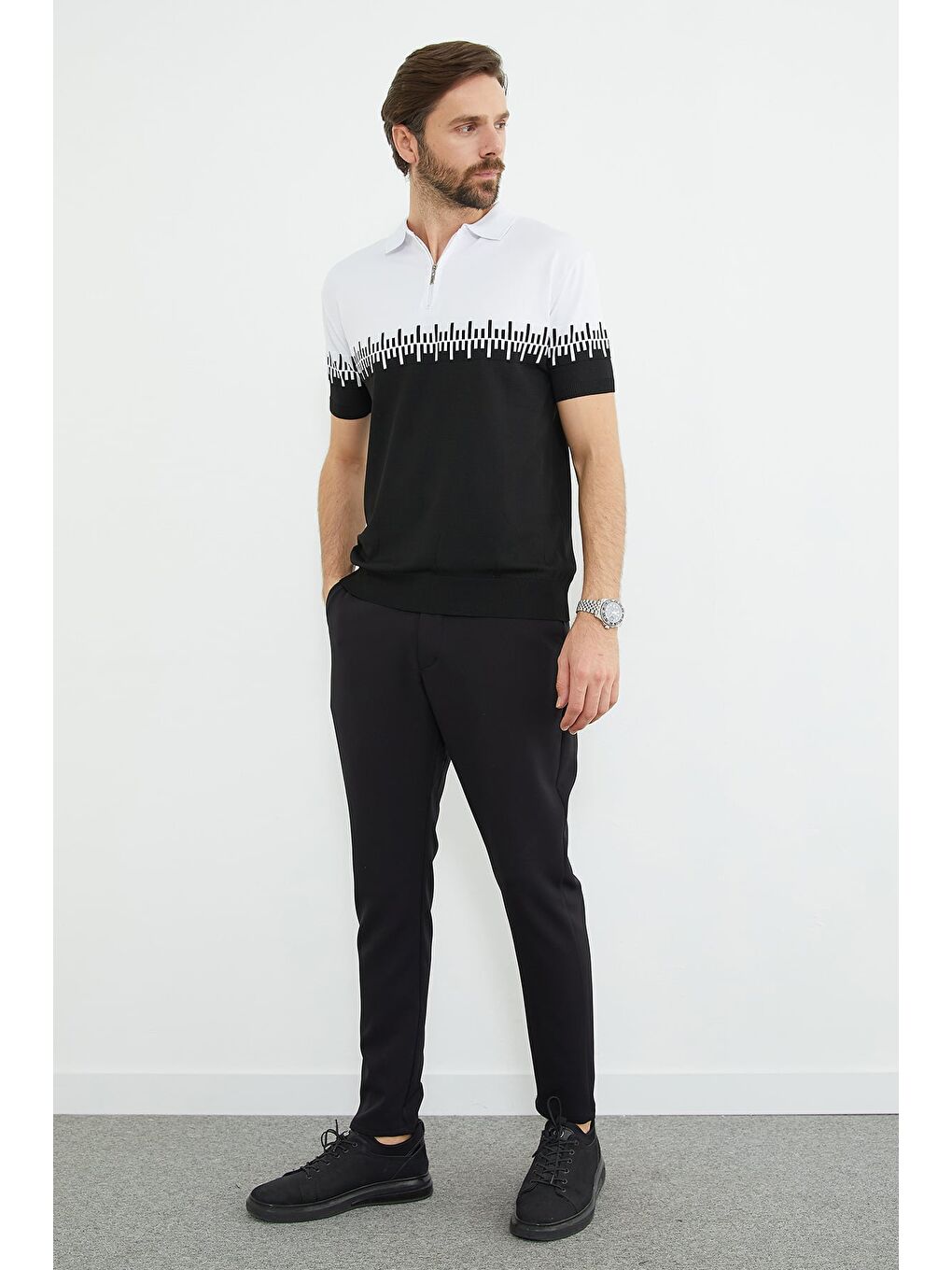 Siyah Yarım Fermuarlı Polo Yaka Triko Tişört-2