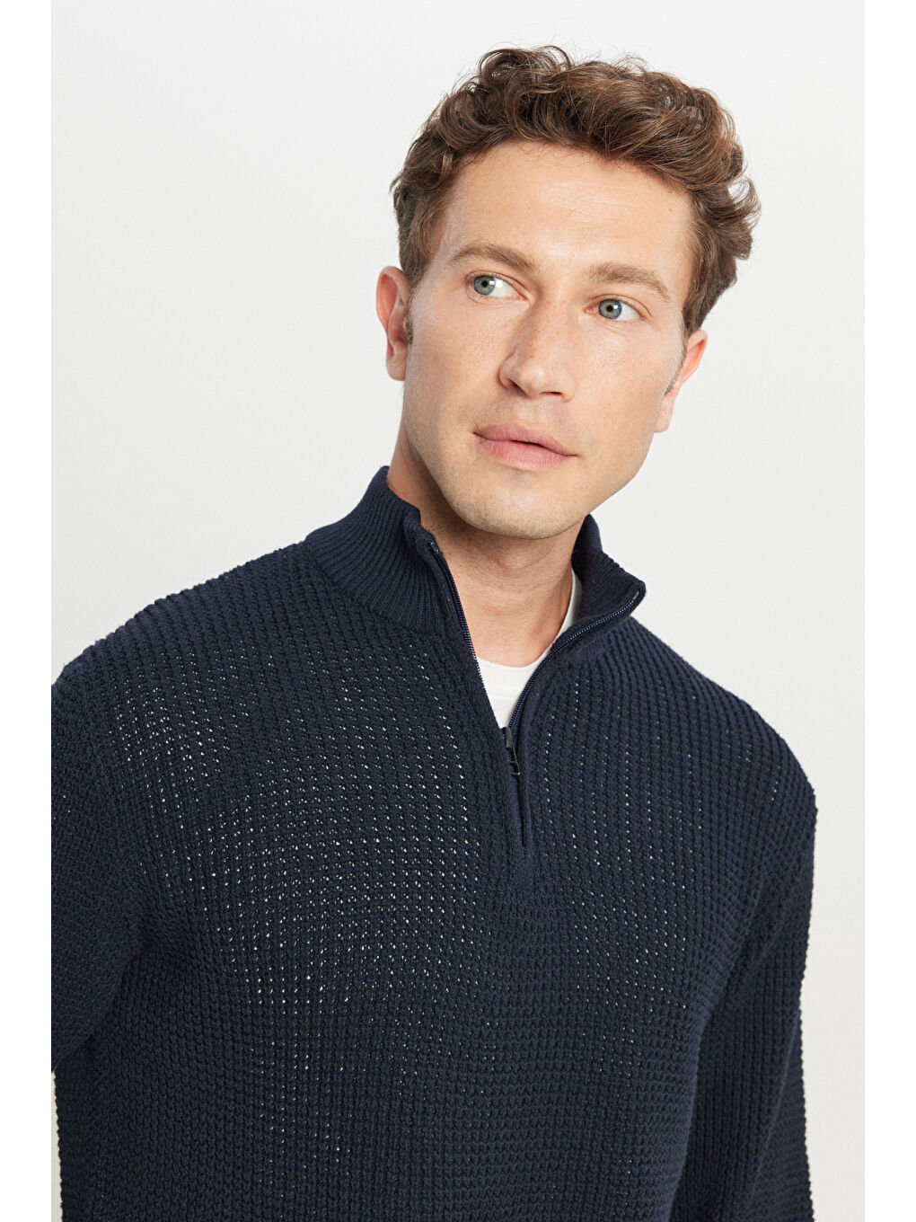 Erkek Lacivert Pamuklu Standart Fit Normal Kesim Bato Yaka Jakarlı Triko Kazak-3