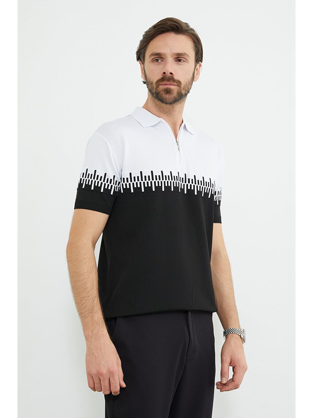 Siyah Yarım Fermuarlı Polo Yaka Triko Tişört-3