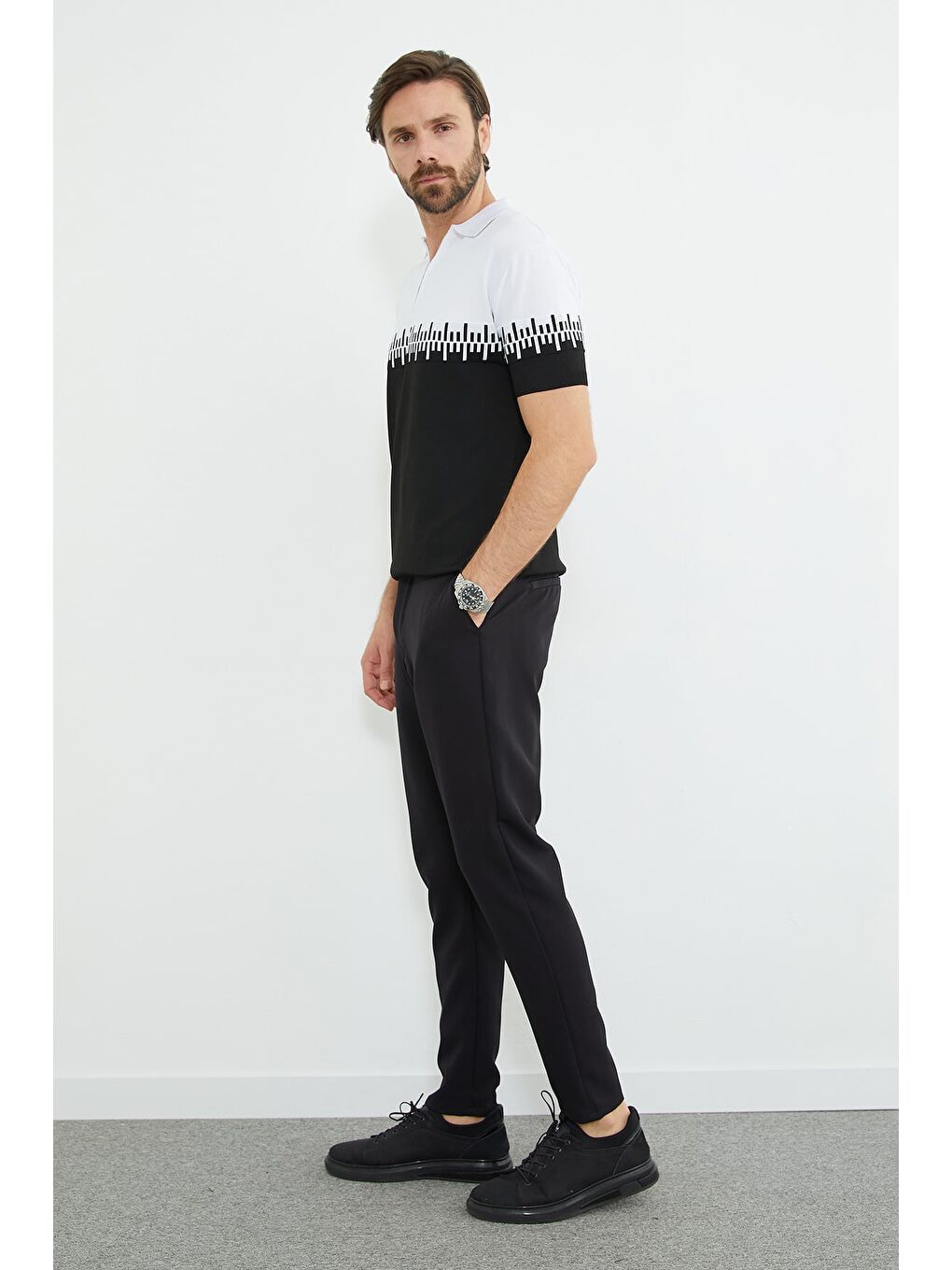 Siyah Yarım Fermuarlı Polo Yaka Triko Tişört-4