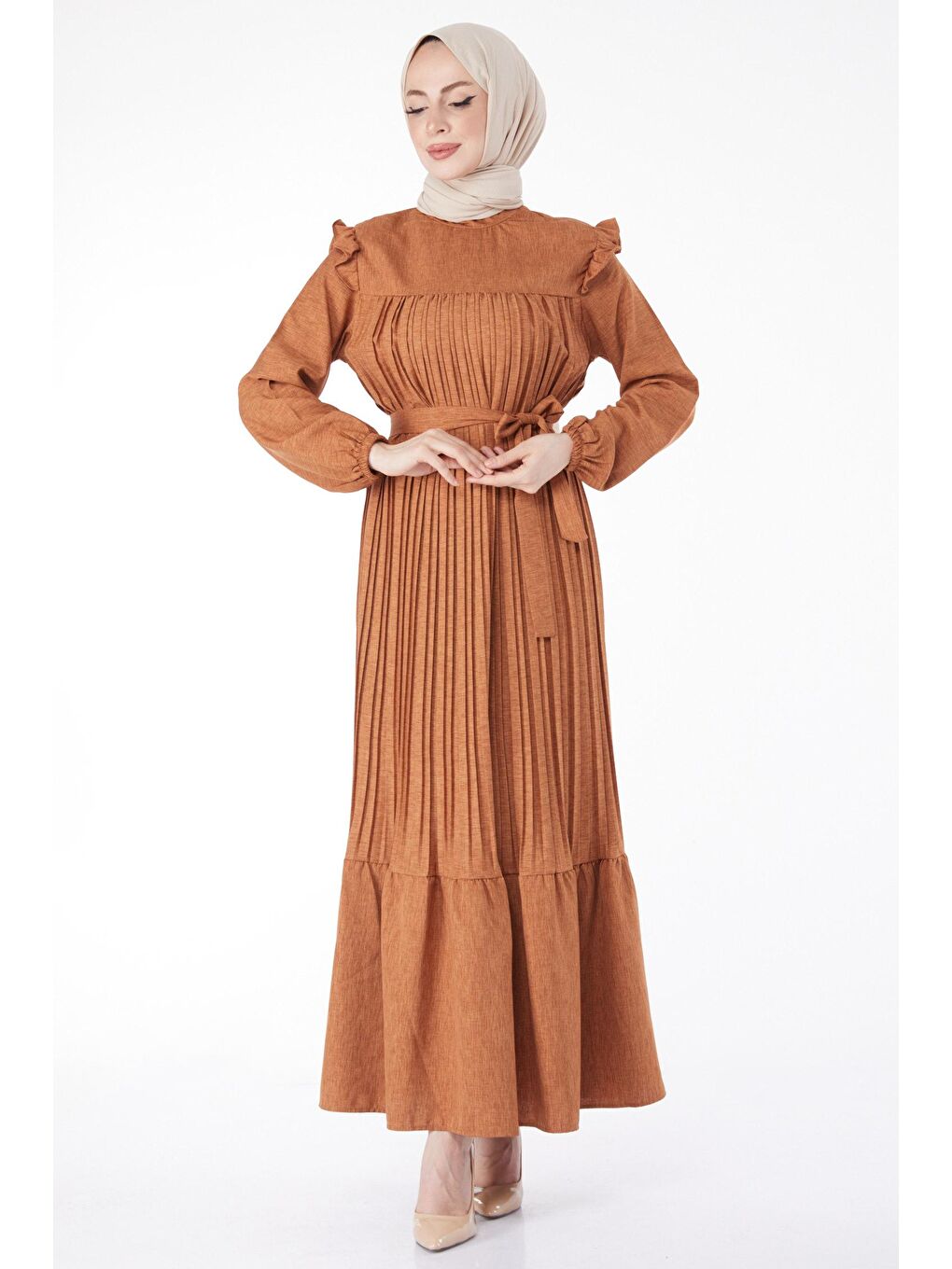 Kahverengi Hakim Yaka Kadın Taba Uzun Kol Omuz Fırfırlı Piliseli Elbise - 24430-1