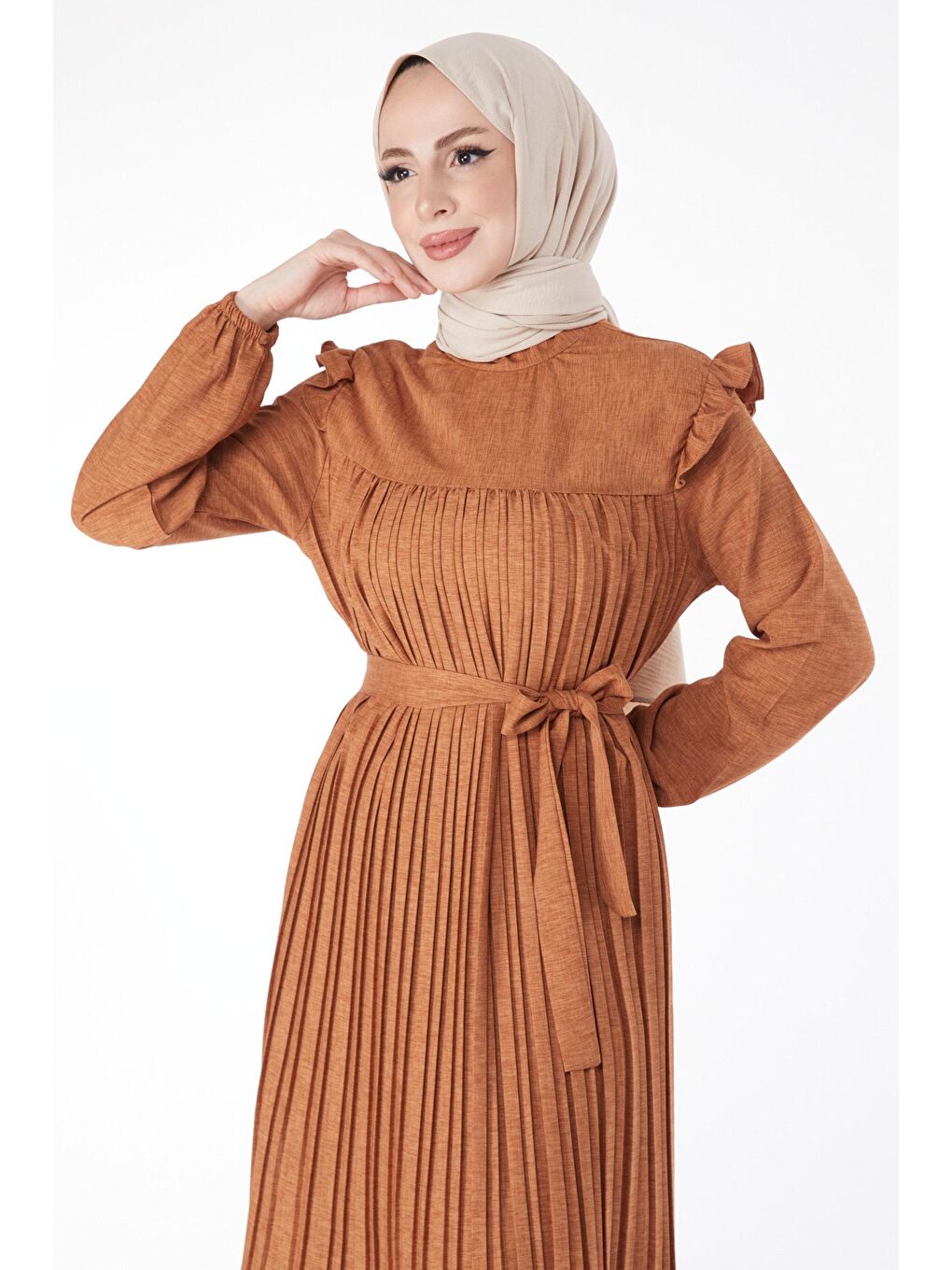 Kahverengi Hakim Yaka Kadın Taba Uzun Kol Omuz Fırfırlı Piliseli Elbise - 24430-2