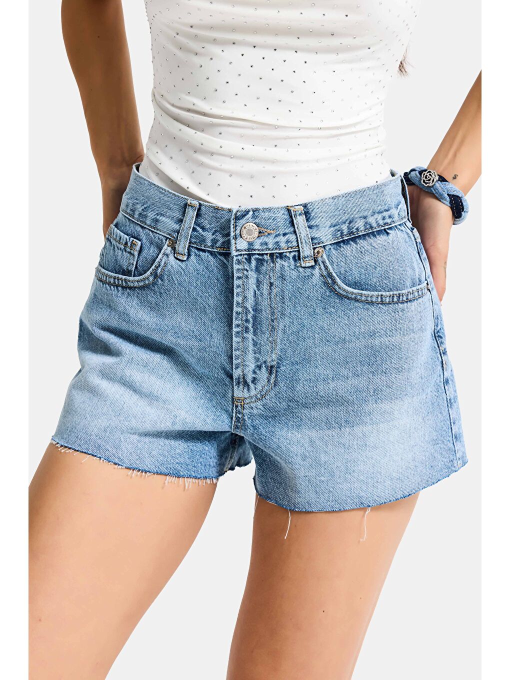 Kadın Mavi 4s6-4 Mini Mom %100 Pamuk Denim Şort
