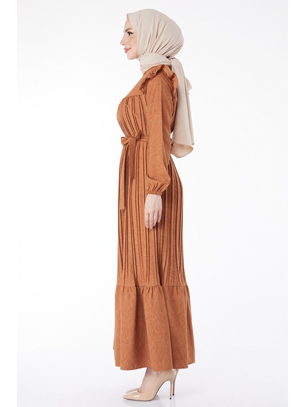 Kahverengi Hakim Yaka Kadın Taba Uzun Kol Omuz Fırfırlı Piliseli Elbise - 24430-3