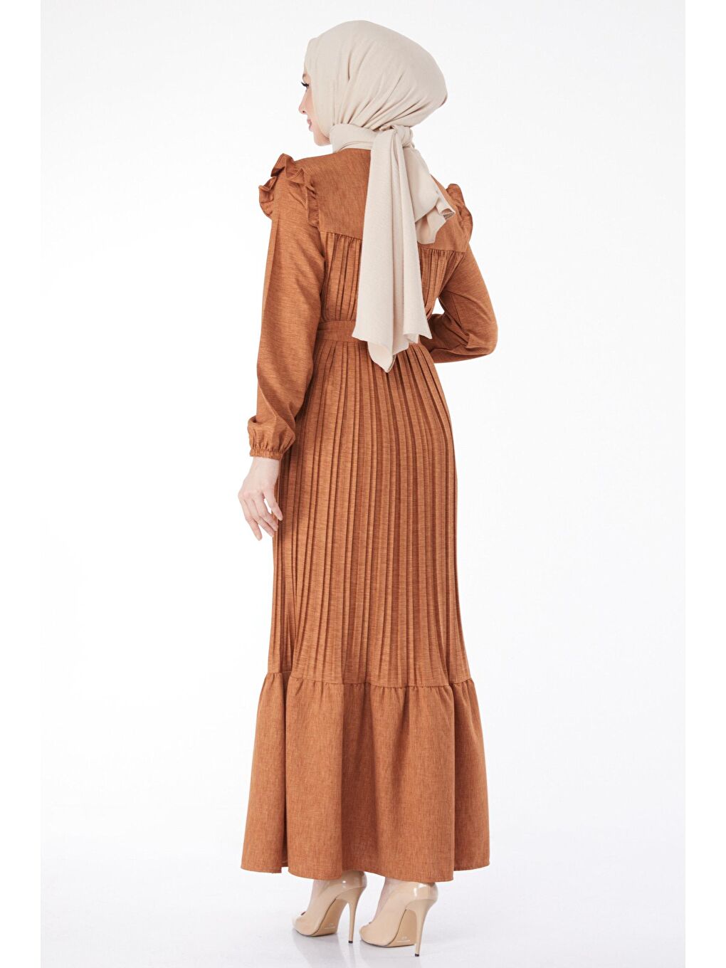 Kahverengi Hakim Yaka Kadın Taba Uzun Kol Omuz Fırfırlı Piliseli Elbise - 24430-4
