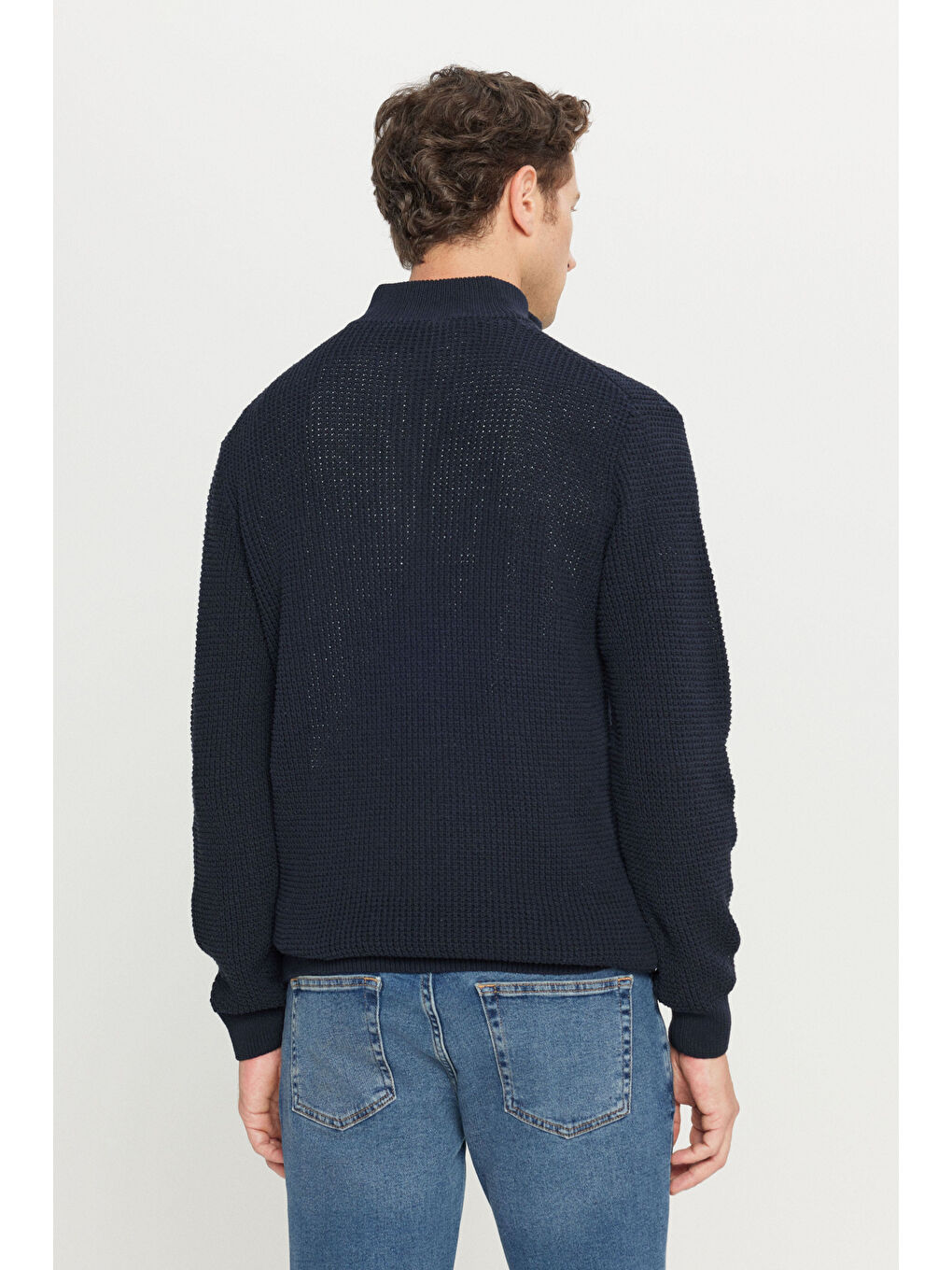 Erkek Lacivert Pamuklu Standart Fit Normal Kesim Bato Yaka Jakarlı Triko Kazak-4