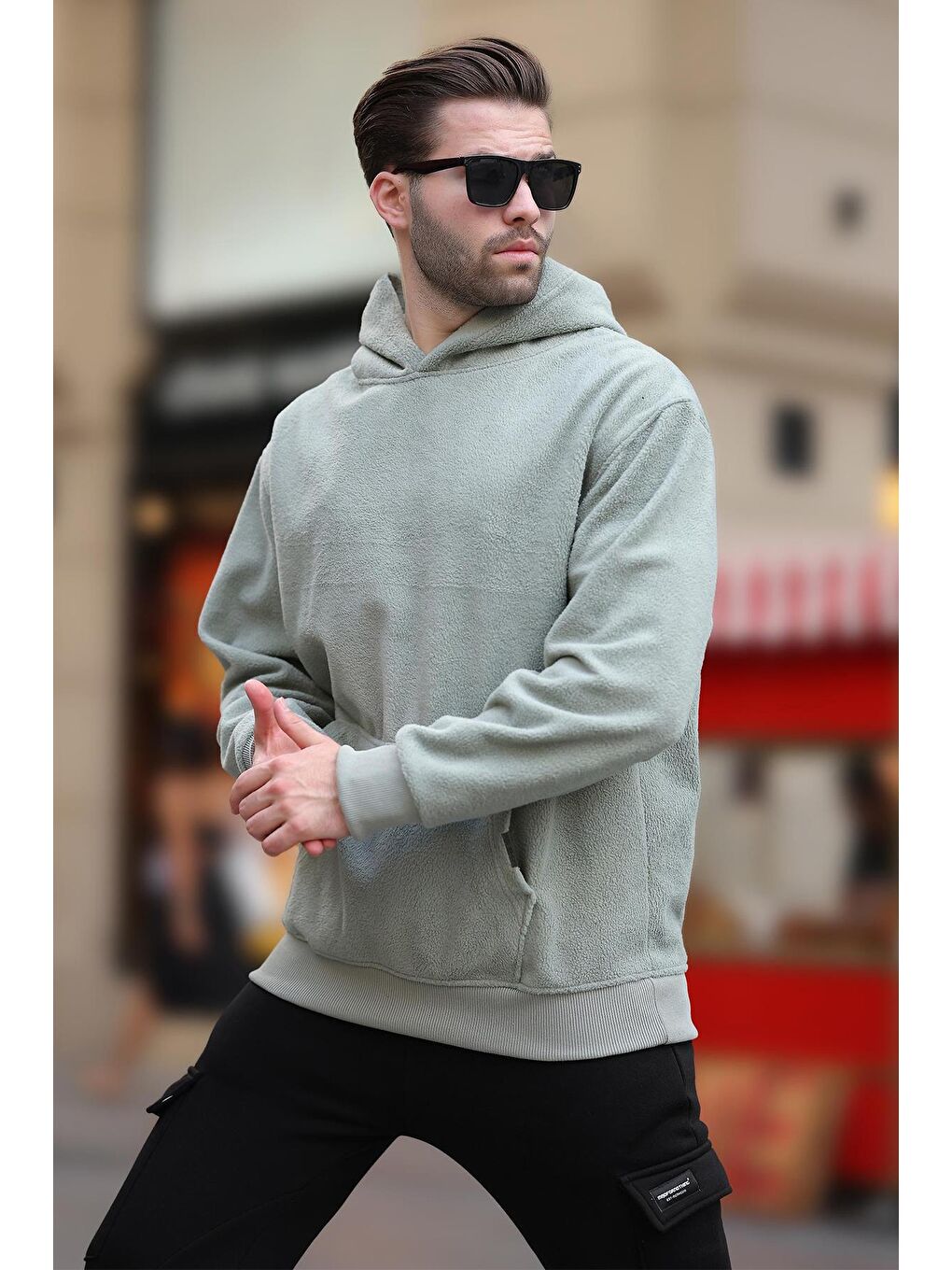 Çağla Yeşili Kapüşonlu Cep Detaylı Polar Erkek Sweatshirt 7093-1