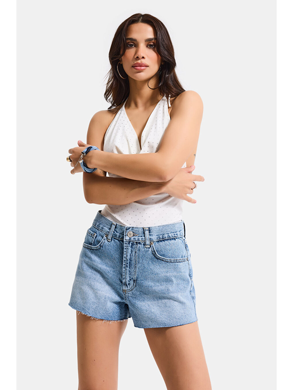 Kadın Mavi 4s6-4 Mini Mom %100 Pamuk Denim Şort-5