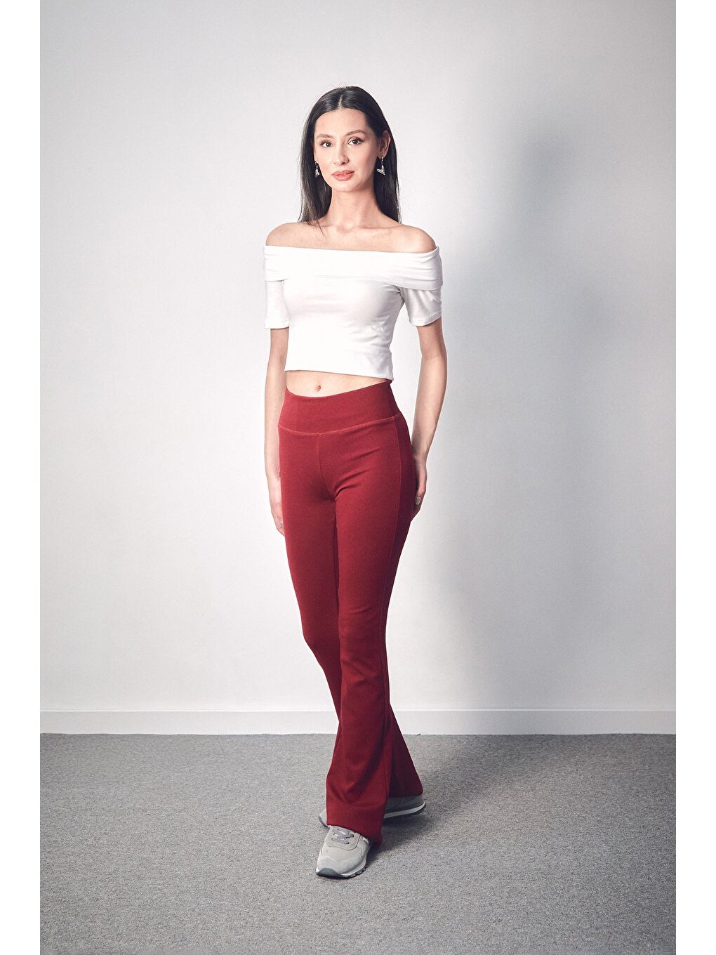 Bordo Beli Lastikli Yüksek Bel Flare Pantolon