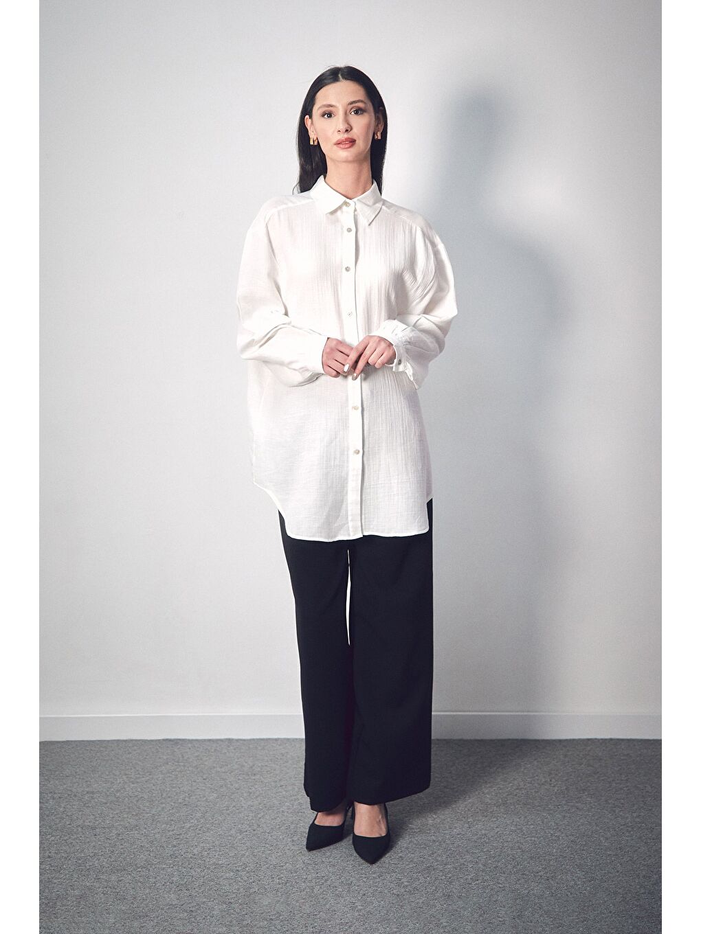 Ekru Basic Oversize Keten Gömlek