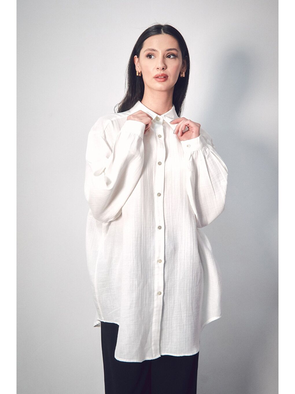 Ekru Basic Oversize Keten Gömlek-1