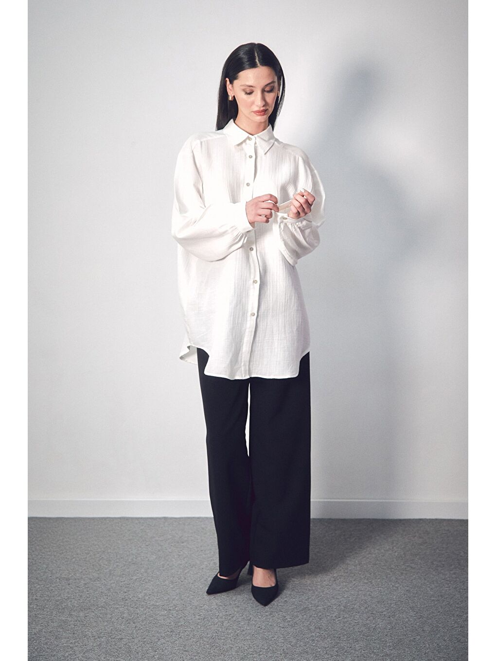 Ekru Basic Oversize Keten Gömlek-2