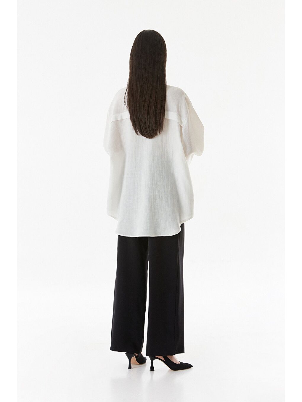 Ekru Basic Oversize Keten Gömlek-4