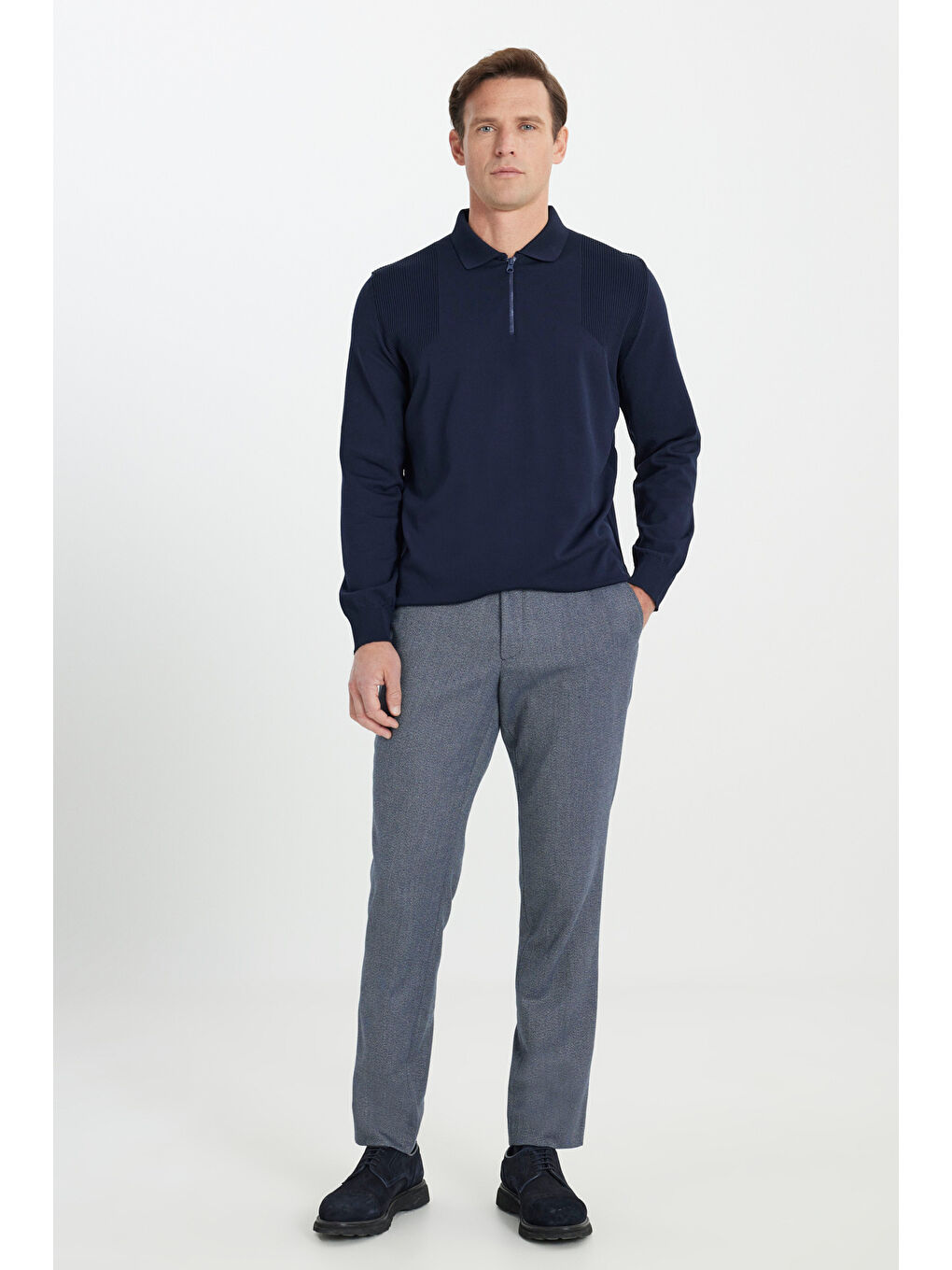 Erkek Lacivert Comfort Fit Rahat Kesim Beli Gizli Lastikli Yan Cep Desenli Klasik Esnek Pantolon-1