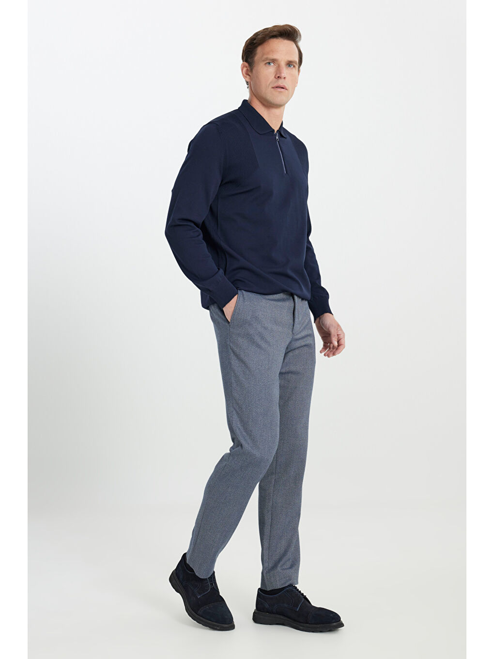 Erkek Lacivert Comfort Fit Rahat Kesim Beli Gizli Lastikli Yan Cep Desenli Klasik Esnek Pantolon-2