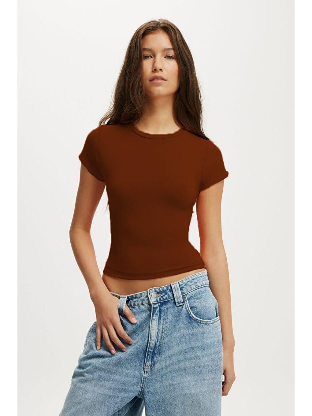 Kahverengi Bisiklet Yaka Basic Kadın T-Shirt Mg2479
