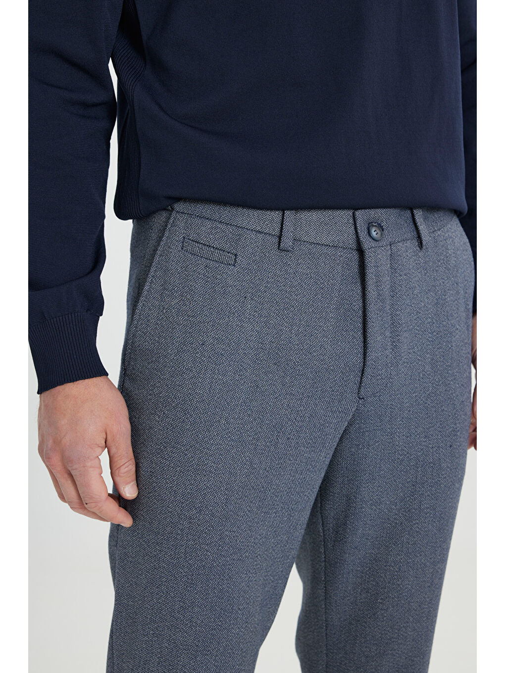 Erkek Lacivert Comfort Fit Rahat Kesim Beli Gizli Lastikli Yan Cep Desenli Klasik Esnek Pantolon-3