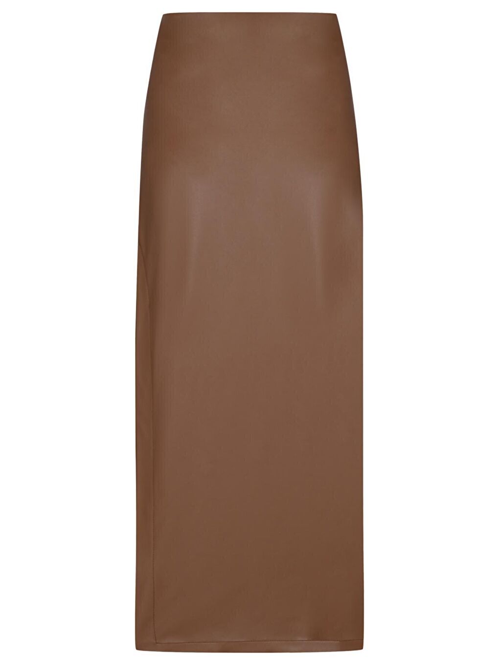 Kahverengi Normal Bel Yandan Yırtmaçlı Suni Deri Midi Etek-1