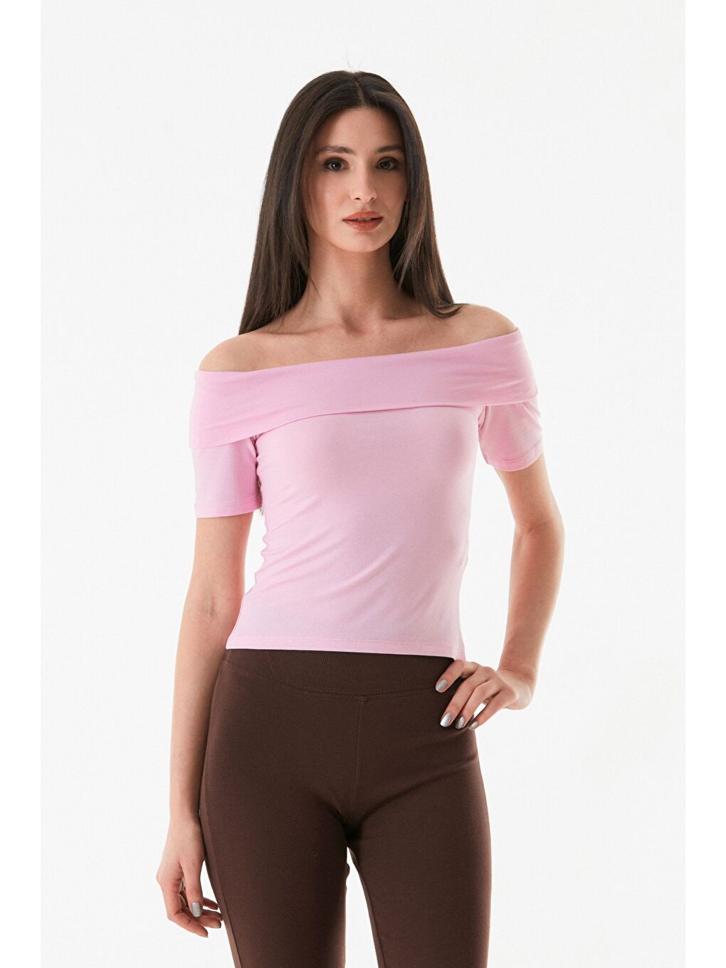 Pembe Basic Madonna Yaka Bluz-3