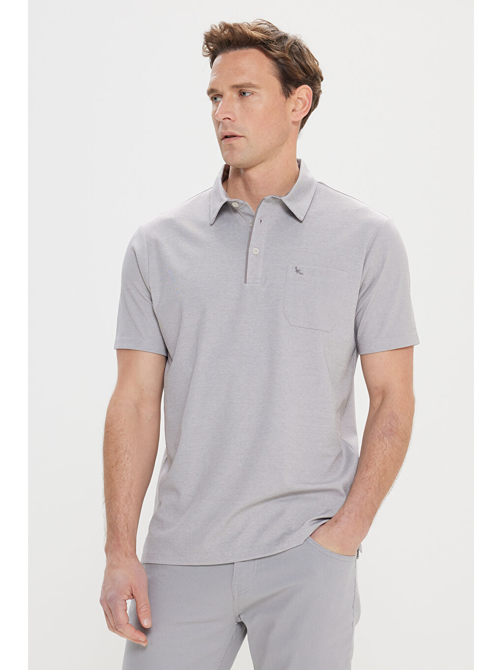 Erkek Gri Comfort Fit Rahat Kesim Polo Yaka Pamuklu Kısa Kollu Tişört