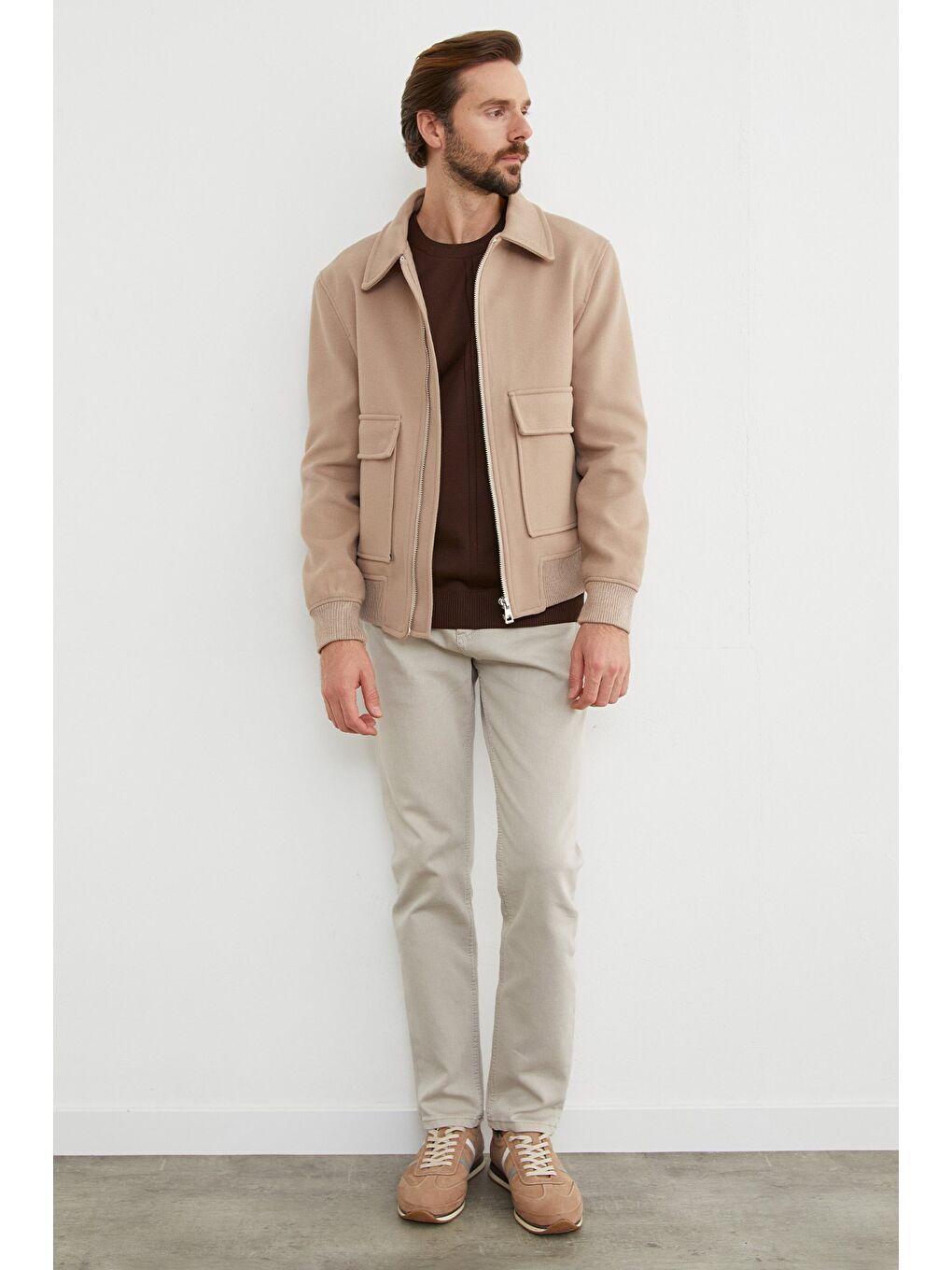Bej Fermuarlı Polo Yaka Cepli Kaşe Ceket-2
