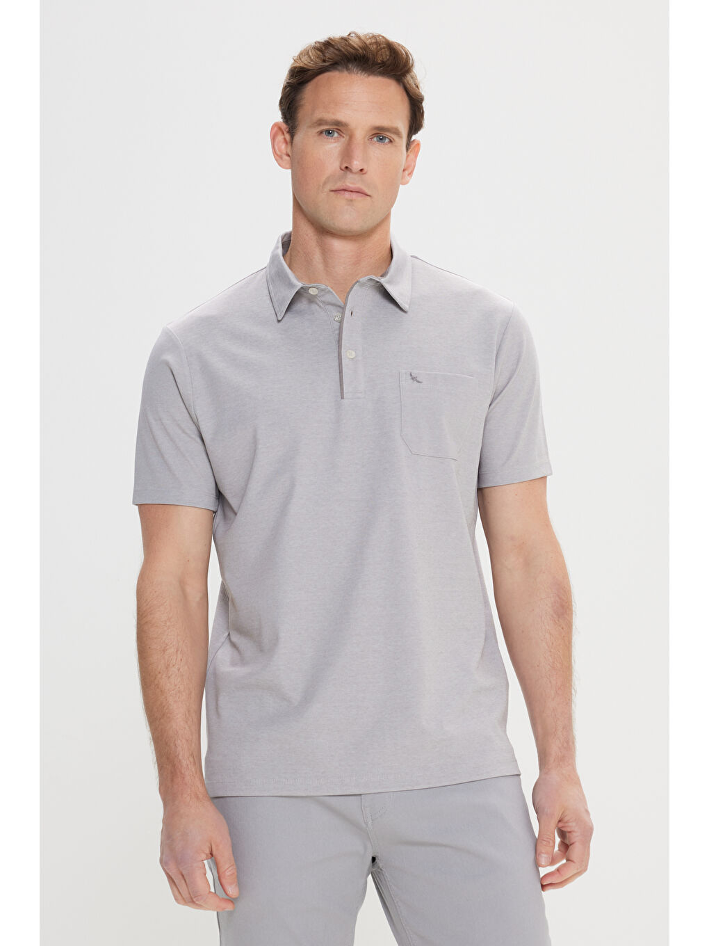 Erkek Gri Comfort Fit Rahat Kesim Polo Yaka Pamuklu Kısa Kollu Tişört-2