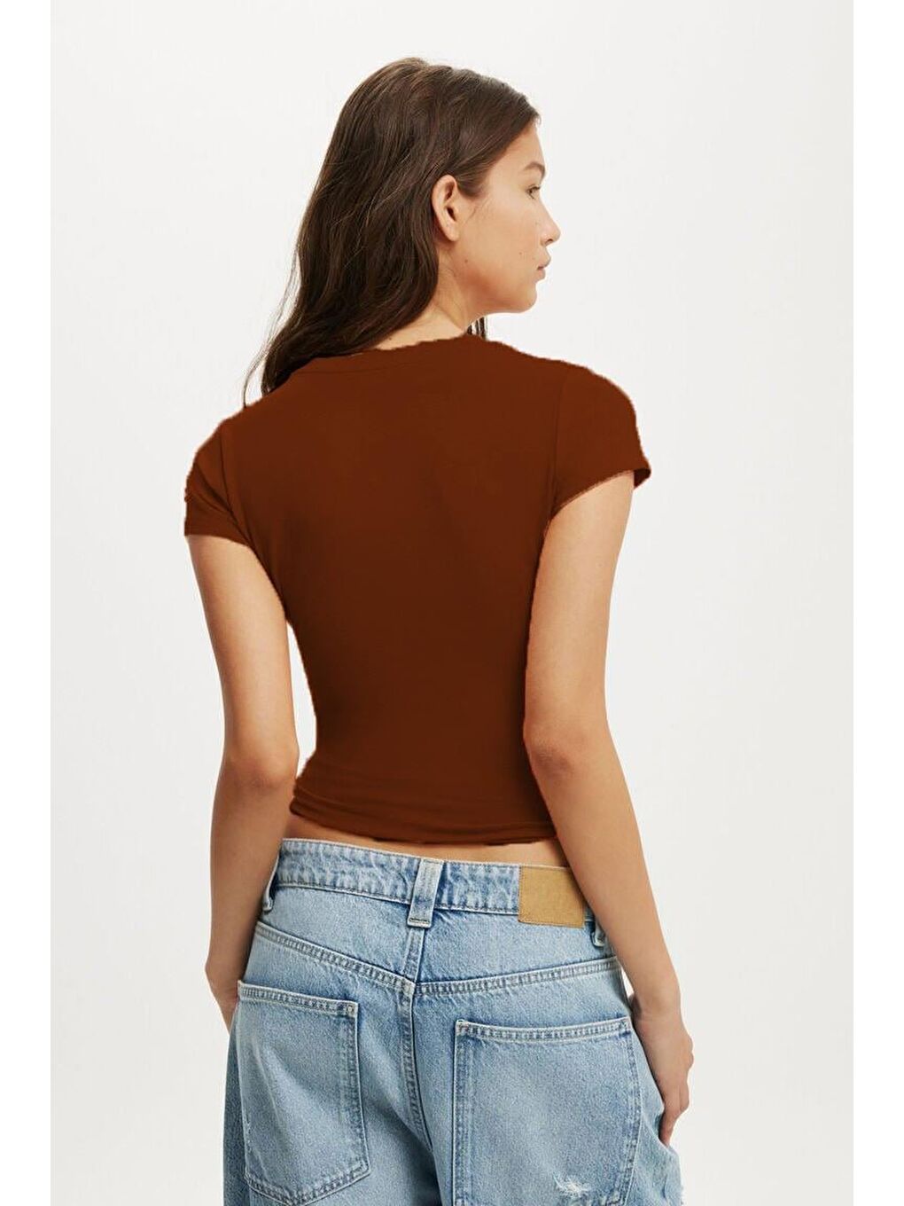 Kahverengi Bisiklet Yaka Basic Kadın T-Shirt Mg2479-1
