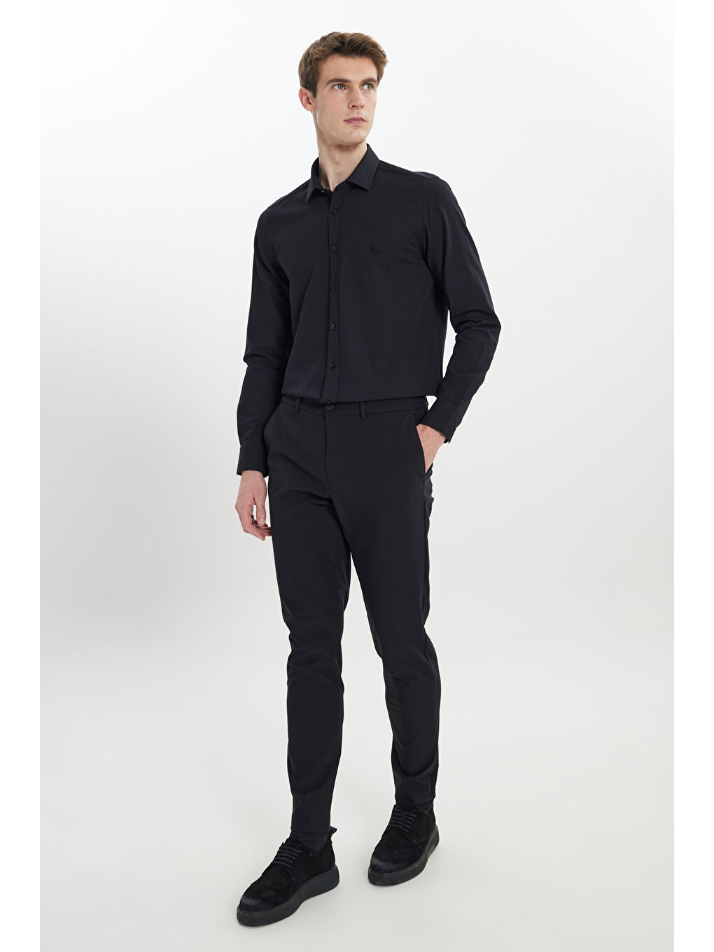 Erkek Siyah Slim Fit Dar Kesim Beli Bağlamalı Yan Cep Esnek Casual Pantolon-1