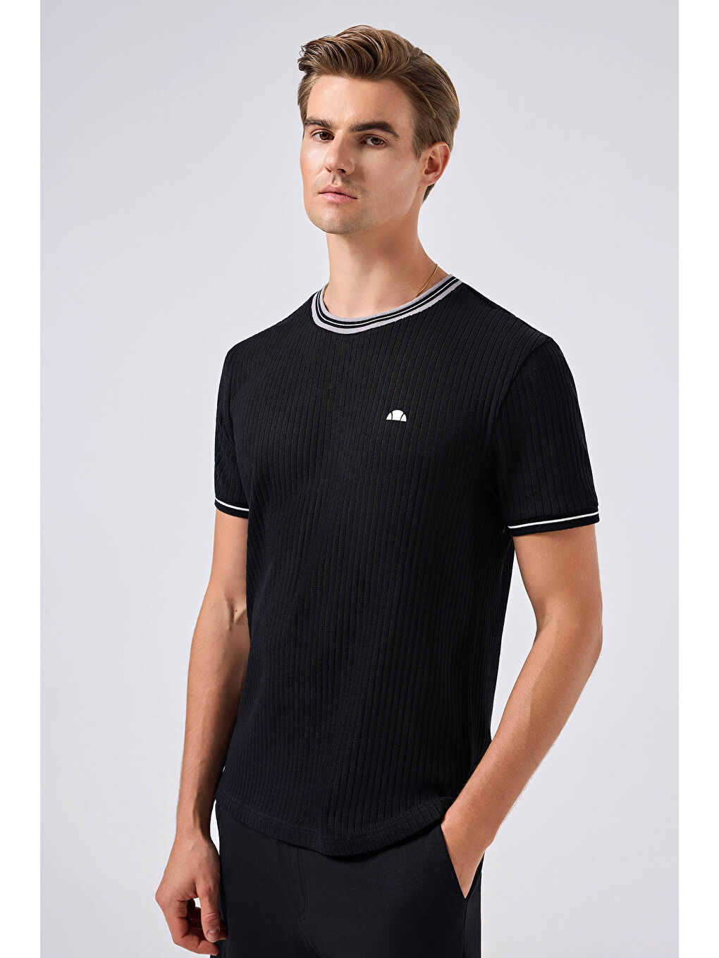 Siyah % 100 Pamuk Regular Fit Bisiklet Yaka Triko T Shirt 6SM5046-BK-1