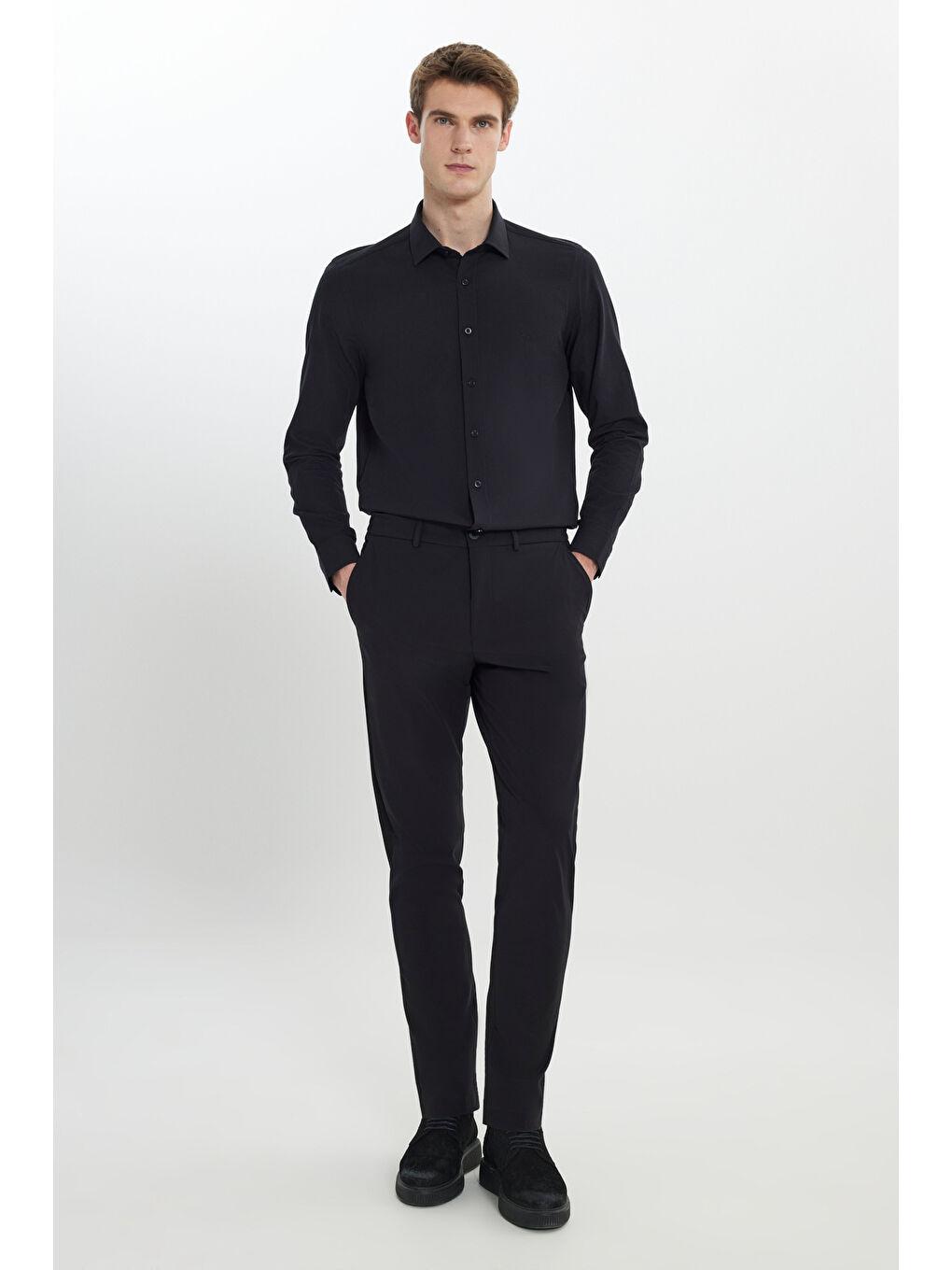 Erkek Siyah Slim Fit Dar Kesim Beli Bağlamalı Yan Cep Esnek Casual Pantolon-2