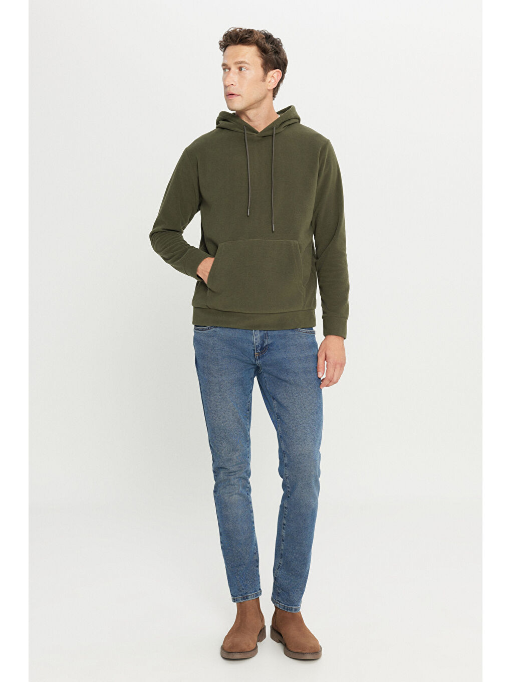 Erkek Haki Standart Fit Normal Kesim Kapüşonlu Polar-1