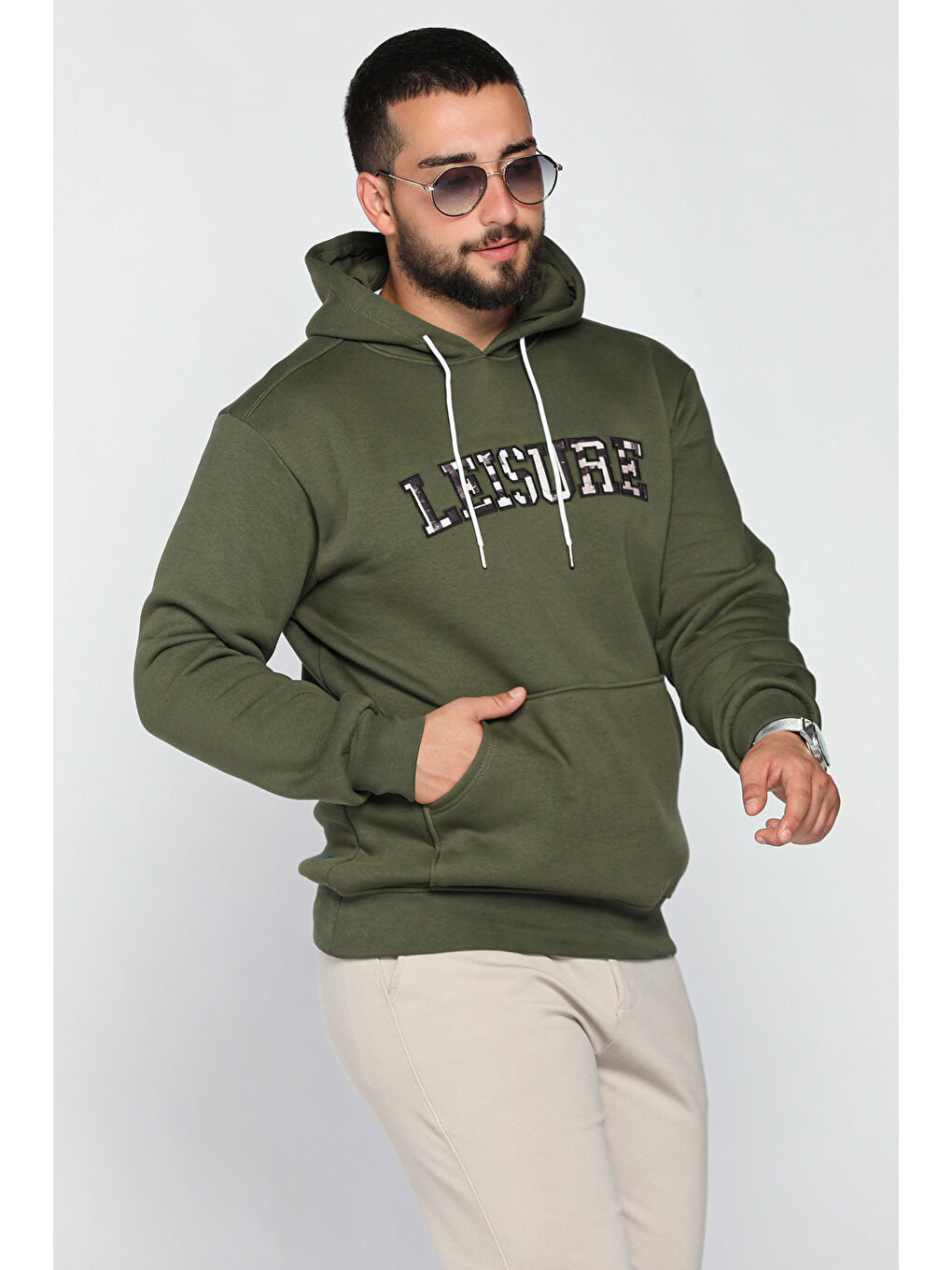 Mishar İtalia Haki Erkek Kapüşonlu Nakışlı Şardonlu Üç İplik Sweatshirt - 1