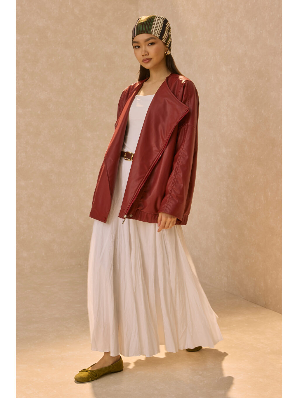 Asimetrik Kesim Deri Ceket Bordo-1