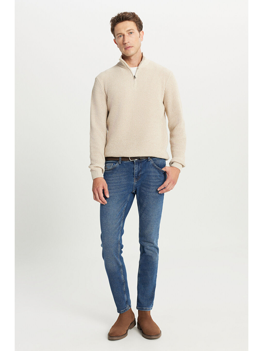 Erkek Açık Bej Pamuklu Standart Fit Normal Kesim Bato Yaka Jakarlı Triko Kazak-1