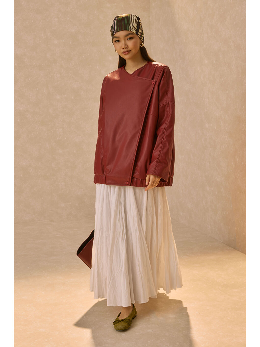 Asimetrik Kesim Deri Ceket Bordo-2