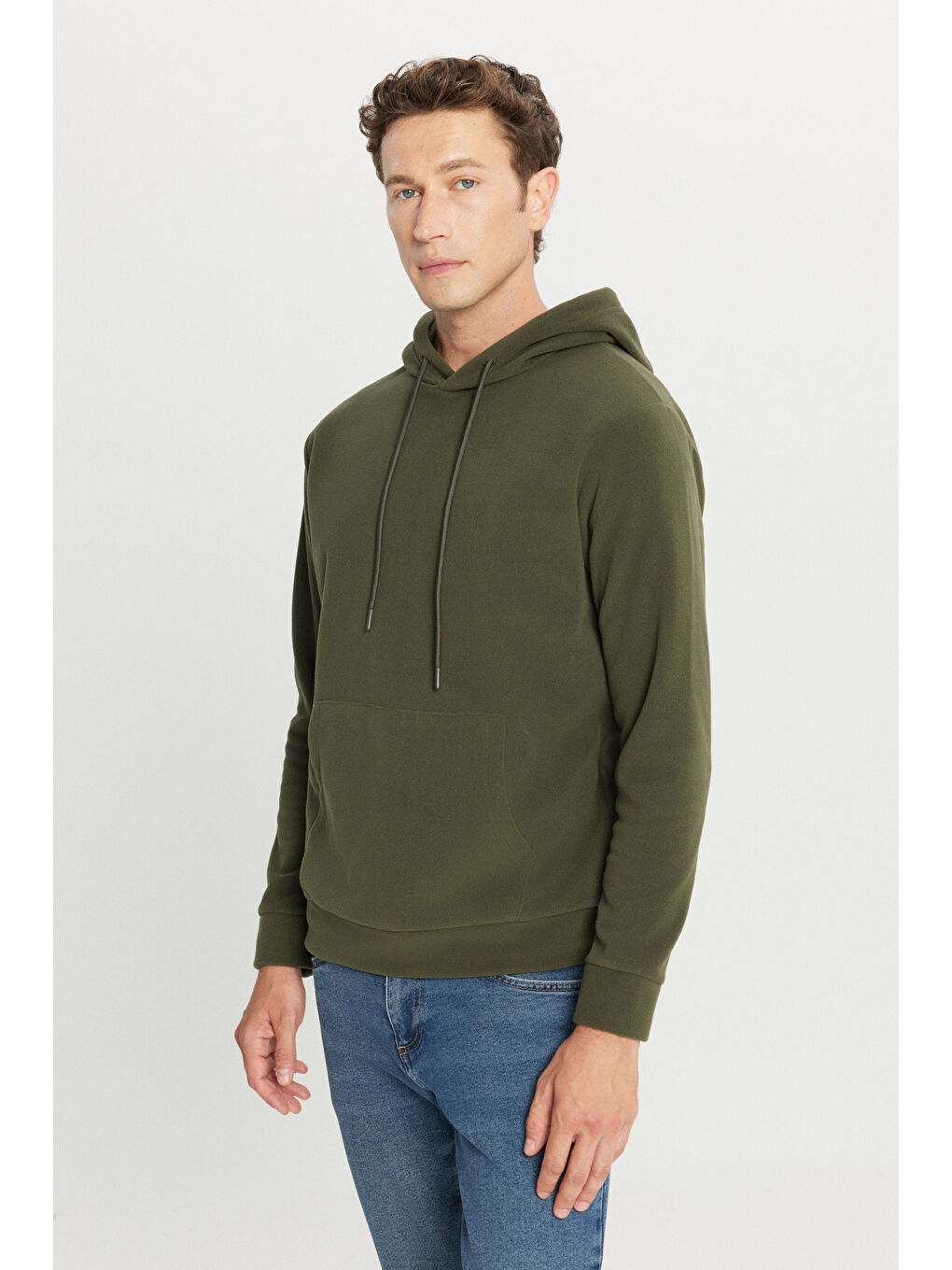 Erkek Haki Standart Fit Normal Kesim Kapüşonlu Polar-2